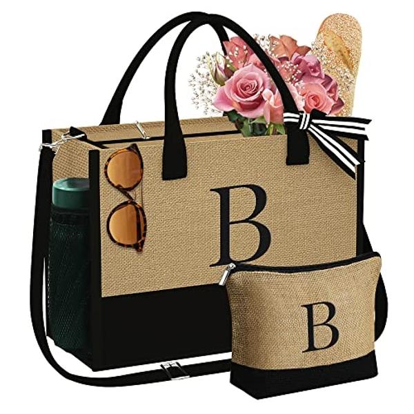 YOOLIFE Gifts for Women - Jute Initial Tote Bag Birthday Gifts for Women Personalized Monogrammed Letter B Tote Bag Birthday Gift for Friends Sister Teacher Mom Initial Beach