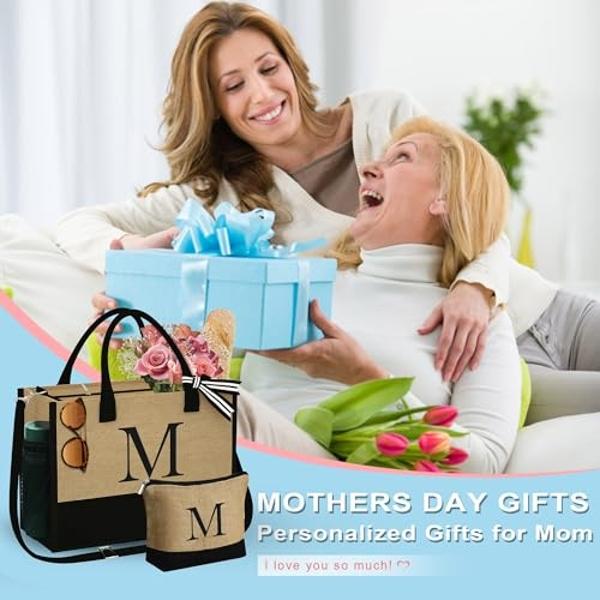 YOOLIFE Gifts for Women - Jute Initial Tote Bag Birthday Gifts for Women Personalized Monogrammed Letter B Tote Bag Birthday Gift for Friends Sister Teacher Mom Initial Beach