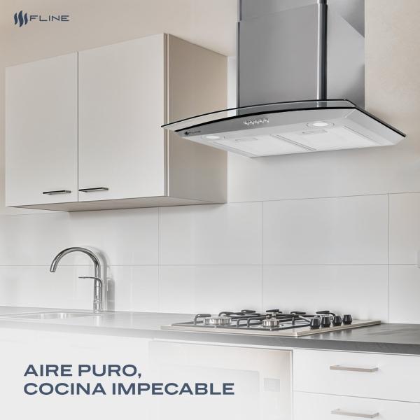 Campana extractora de cocina 76 cm de pared vidrio curvo Acero Inoxidable | 3 velocidades y control de boton| Berna 76| FLINE