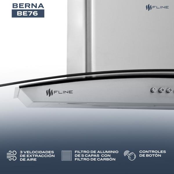 Campana extractora de cocina 76 cm de pared vidrio curvo Acero Inoxidable | 3 velocidades y control de boton| Berna 76| FLINE