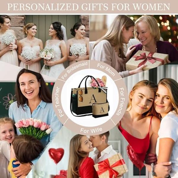 YOOLIFE Gifts for Women - Jute Initial Tote Bag Birthday Gifts for Women Personalized Monogrammed Letter B Tote Bag Birthday Gift for Friends Sister Teacher Mom Initial Beach