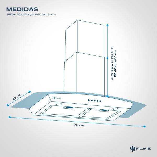 Campana extractora de cocina 76 cm de pared vidrio curvo Acero Inoxidable | 3 velocidades y control de boton| Berna 76| FLINE