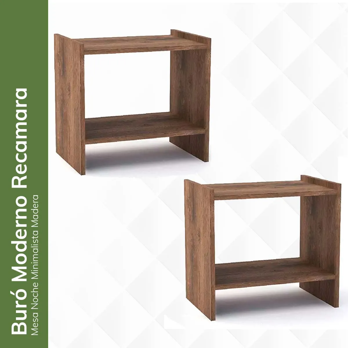 2 Mesas Noche Buró Recamara Organizador Minimalista Acabado Brillante Color Nogal.