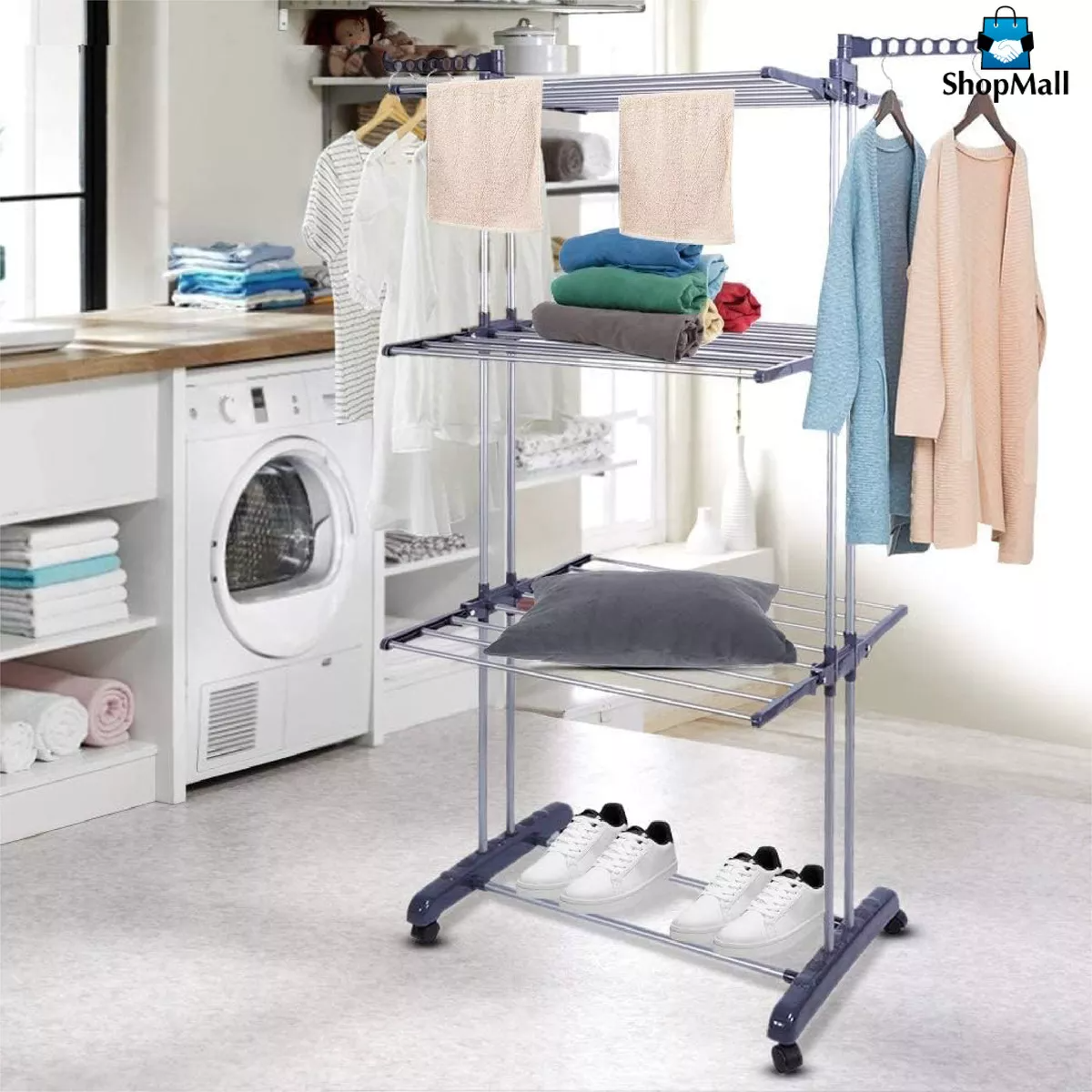 Tendedero Plegable De Ropa Portátil Retráctil Rack Perchero Color Blanco