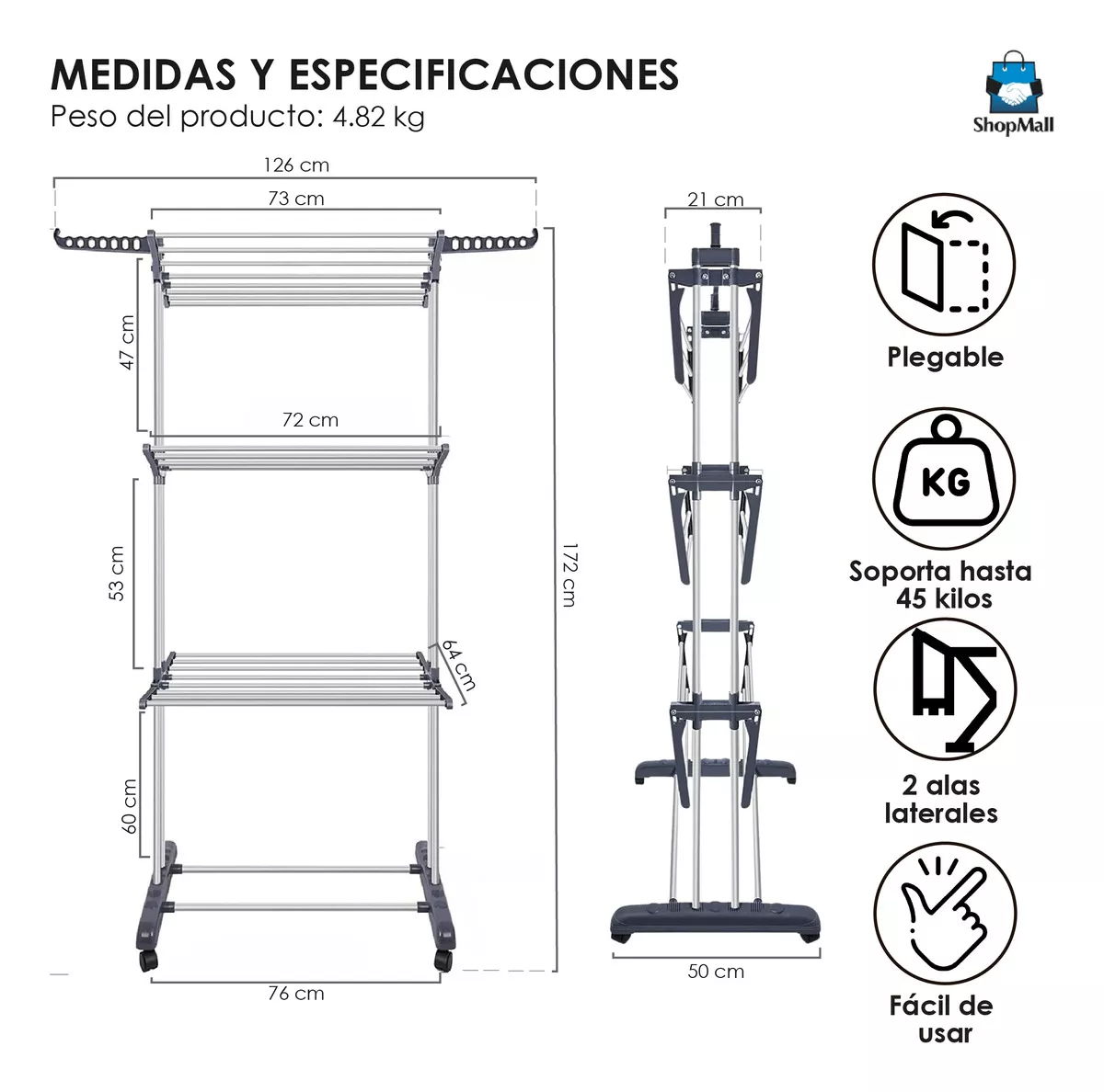 Tendedero Plegable De Ropa Portátil Retráctil Rack Perchero Color Blanco
