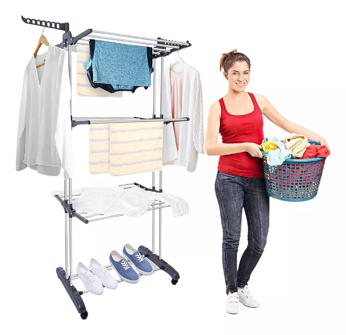 Tendedero Plegable De Ropa Portátil Retráctil Rack Perchero Color Blanco