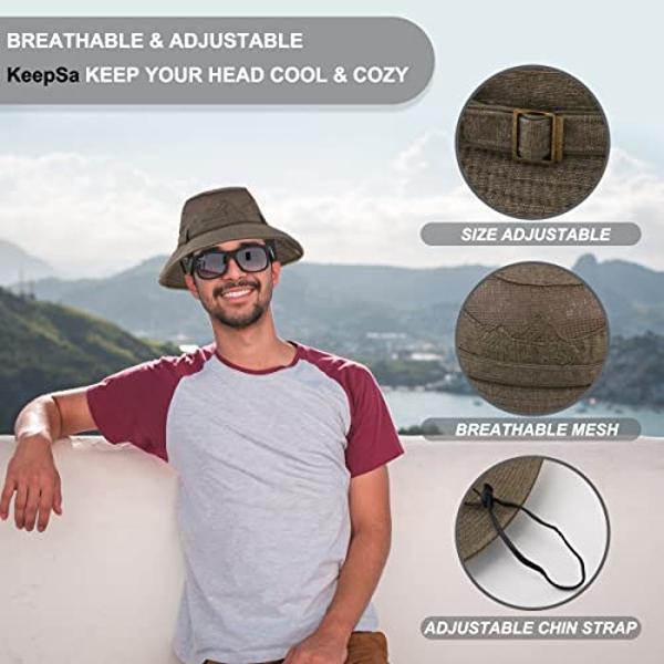 KeepSa Sun Hat for Men, Cotton Embroidery Summer Outdoor Sun Protection Wide Brim Bucket Hat Foldable Safari Boonie Hat