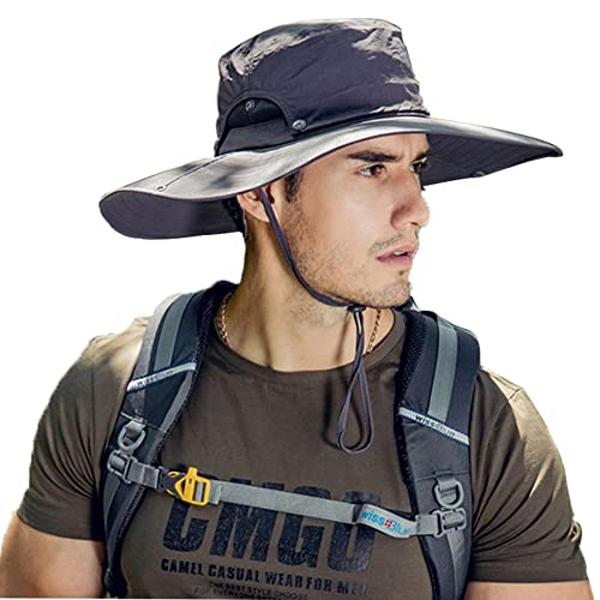 Unisex Outdoor Mesh Sun Hat Camouflage Boonie Bucket Hats Fishing Hats with String Gray, 55 60cm