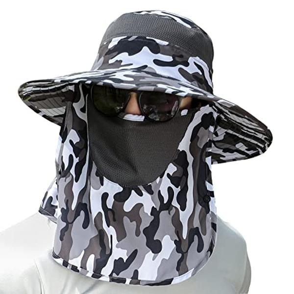 UPF 50+ Sun Fishing Hat for Men Women Wide Brim Hat with Detachable Face Cover & Neck Flap Grey Camo
