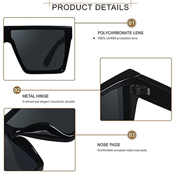 LYZOIT Square Oversized Sunglasses for Women Men Big Flat Top 2 pack Fashion Shield Large UV Protection Rimless Shades Black Mirrored Green