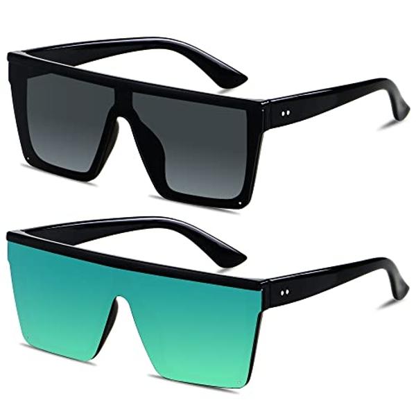 LYZOIT Square Oversized Sunglasses for Women Men Big Flat Top 2 pack Fashion Shield Large UV Protection Rimless Shades Black Mirrored Green