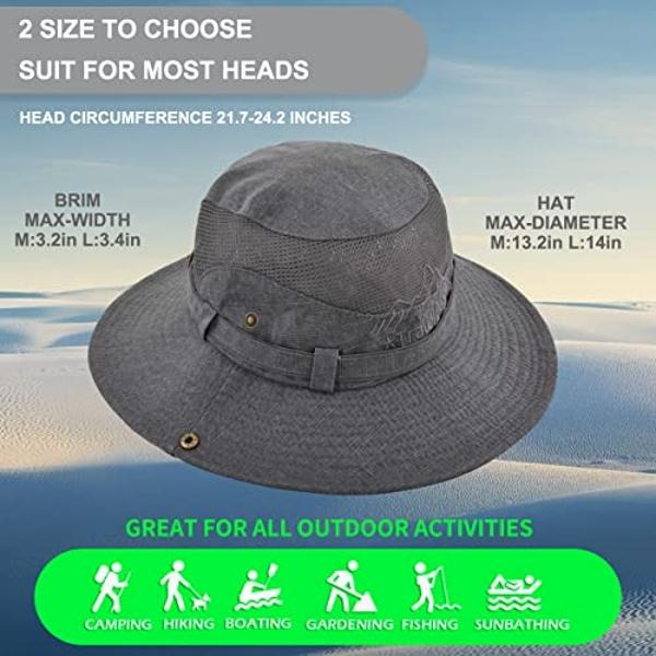 KeepSa Sun Hat for Men, Cotton Embroidery Summer Outdoor Sun Protection Wide Brim Bucket Hat Foldable Safari Boonie Hat Grey