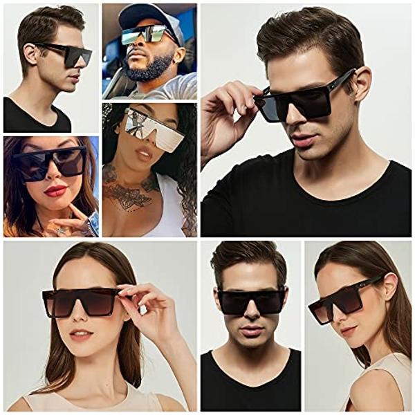 LYZOIT Square Oversized Sunglasses for Women Men Big Flat Top 2 pack Fashion Shield Large UV Protection Rimless Shades Black Mirrored Green