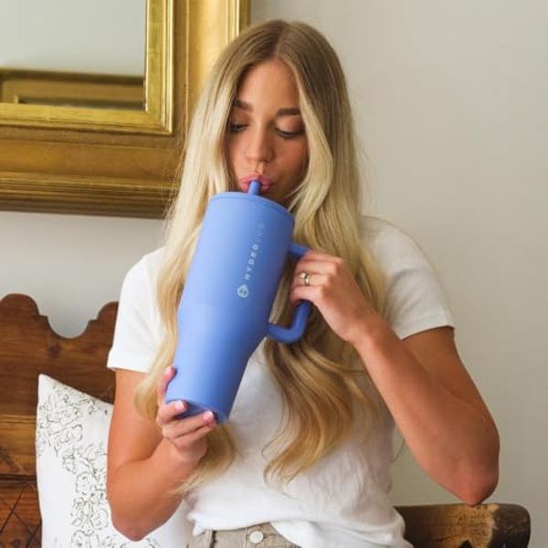 HydroJug Traveler - 40 oz Water Bottle with Handle & Flip Straw - Fits in Cup Holder, Leak Resistant Tumbler-Reusable Insulated Stainless Steel & Rubber Base - Gifts for Women & Me