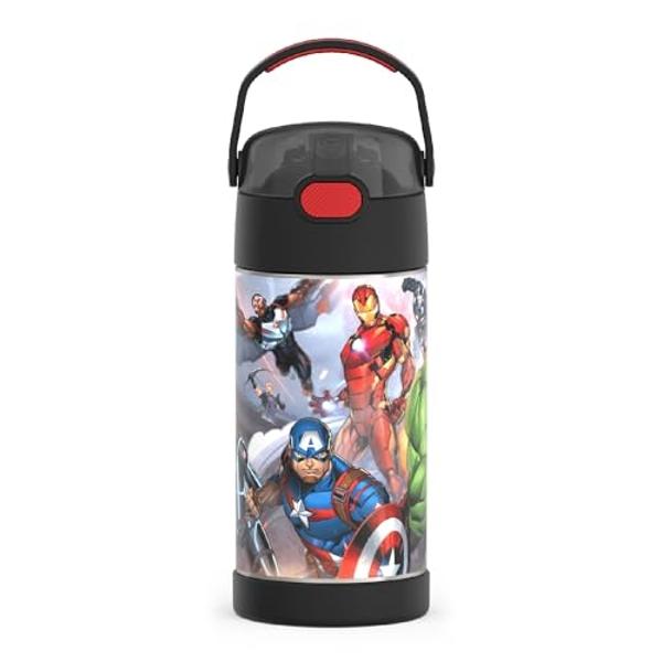 THERMOS FUNTAINER Water Bottle with Straw - 12 Ounce - Kids Stainless Steel Vacuum Insulated Water Bottle with Lid, Cars