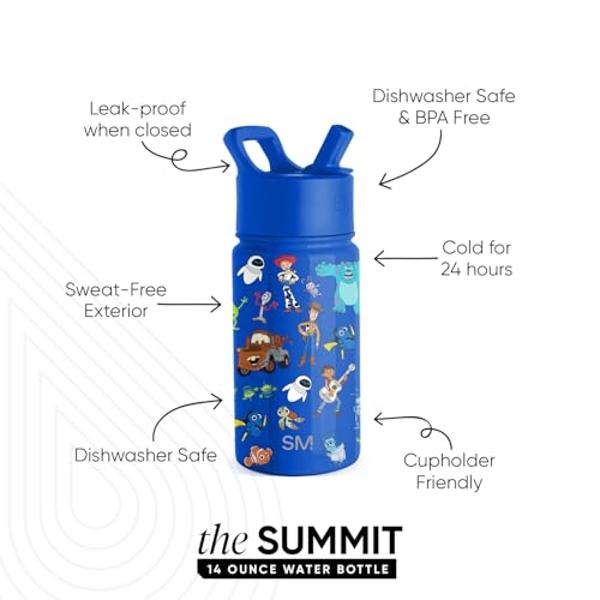Simple Modern Kids Summit Water Bottle with Straw Lid | Disney Pixar 14oz Stainless Steel Cup Insulated Tumbler for Boys, School | Pixar Mashup on Blue