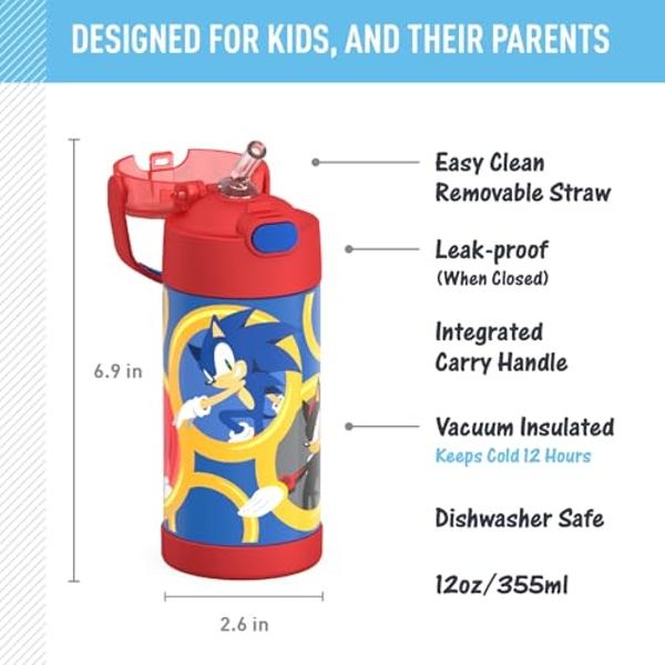 THERMOS FUNTAINER Water Bottle with Straw - 12 Ounce - Kids Stainless Steel Vacuum Insulated Water Bottle with Lid, Sonic the Hedgehog