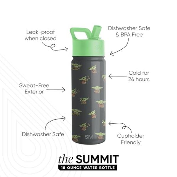 Simple Modern Kids Summit Water Bottle with Straw Lid | Star Wars Baby Yoda Grogu 18oz Stainless Steel Cup Insulated Tumbler for Boys, School | Grogu Force Strong