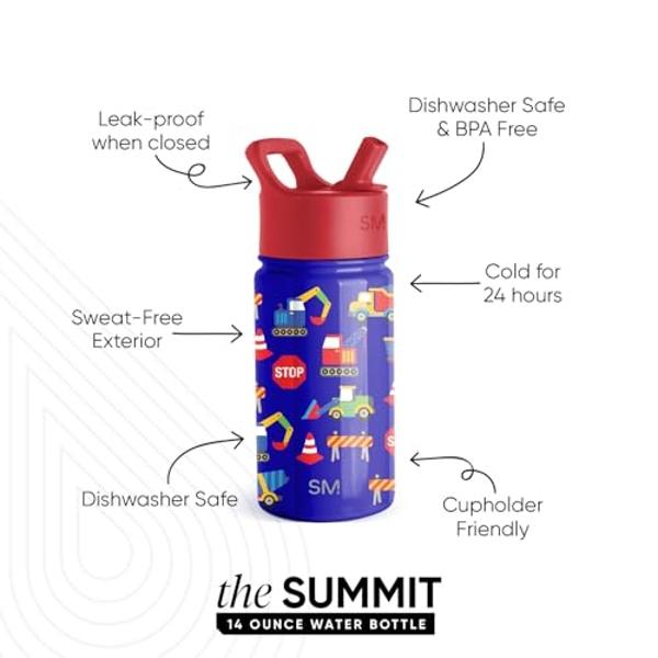 Simple Modern Kids Summit Water Bottle with Straw Lid | 14oz Stainless Steel Cup Insulated Tumbler for Toddlers, School | Under Construction