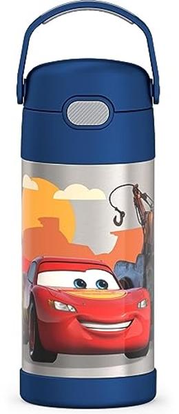 THERMOS FUNTAINER Water Bottle with Straw - 12 Ounce - Kids Stainless Steel Vacuum Insulated Water Bottle with Lid, Cars