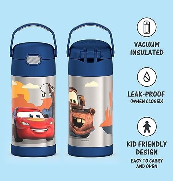 THERMOS FUNTAINER Water Bottle with Straw - 12 Ounce - Kids Stainless Steel Vacuum Insulated Water Bottle with Lid, Cars
