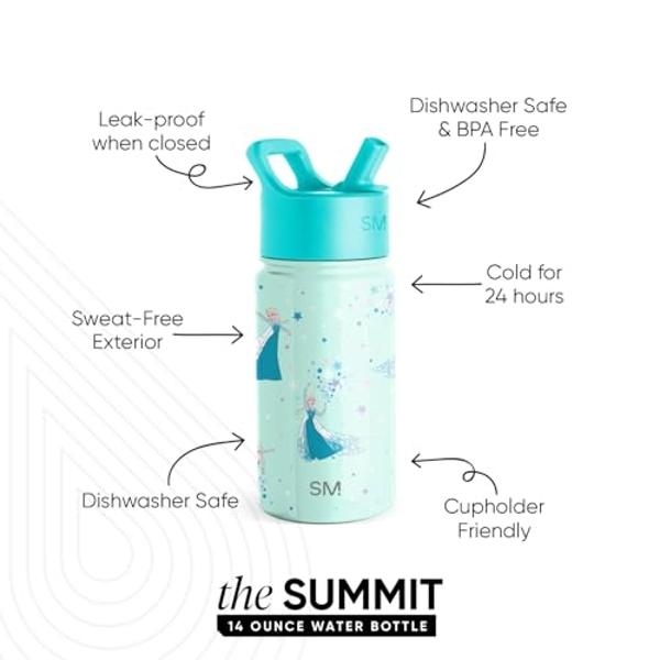 Simple Modern Kids Summit Water Bottle with Straw Lid| Disney Frozen Elsa 14oz Stainless Steel Cup Insulated Tumbler for Girls, School | Frozen Elsa's Snowflake