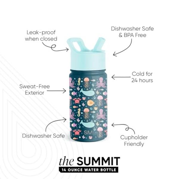 Simple Modern Kids Summit Water Bottle with Straw Lid | 14oz Stainless Steel Cup Insulated Tumbler for Toddlers, School | Under the Sea