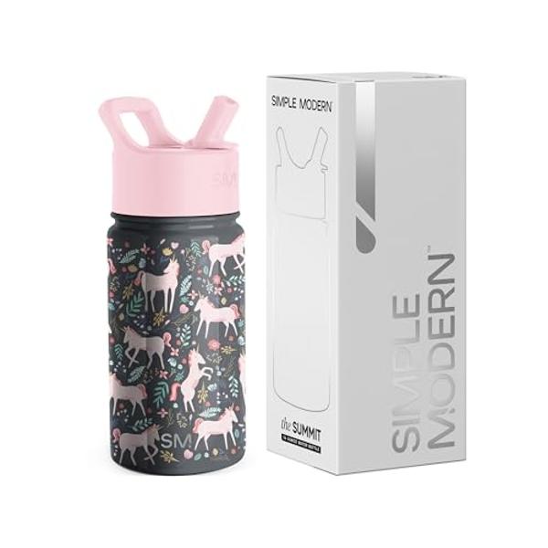 Simple Modern Kids Summit Water Bottle with Straw Lid | 14oz Stainless Steel Cup Insulated Tumbler for Toddlers, School | Unicorn Fields