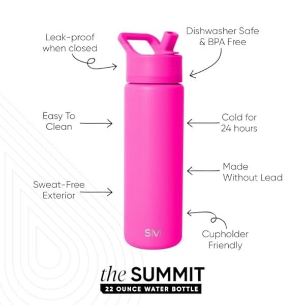 Simple Modern Water Bottle with Straw Lid Vacuum Insulated Stainless Steel Metal Thermos Bottles | Reusable Leak Proof BPA-Free Flask for Gym Sports | Summit Collection | 22oz, Ras