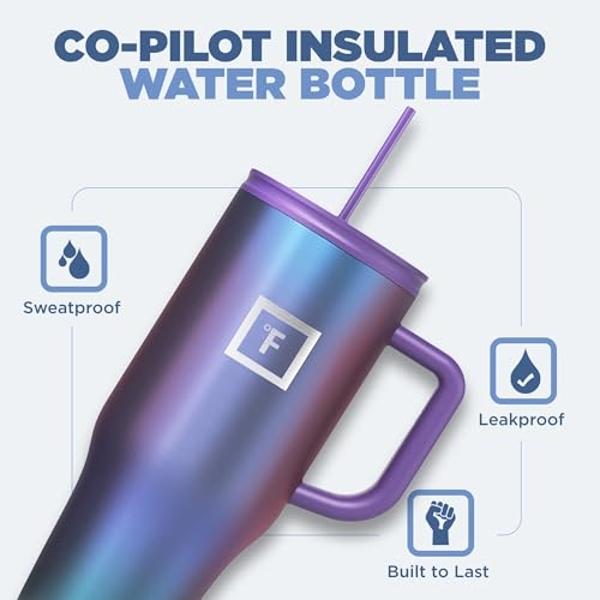 IRON °FLASK Co-Pilot Insulated Mug w/Straw & Flip Cap Lids - Cup Holder Bottle for Hot, Cold Drink - Leak-Proof - Water, Coffee Portable Travel Mug - Sage, 32 Oz