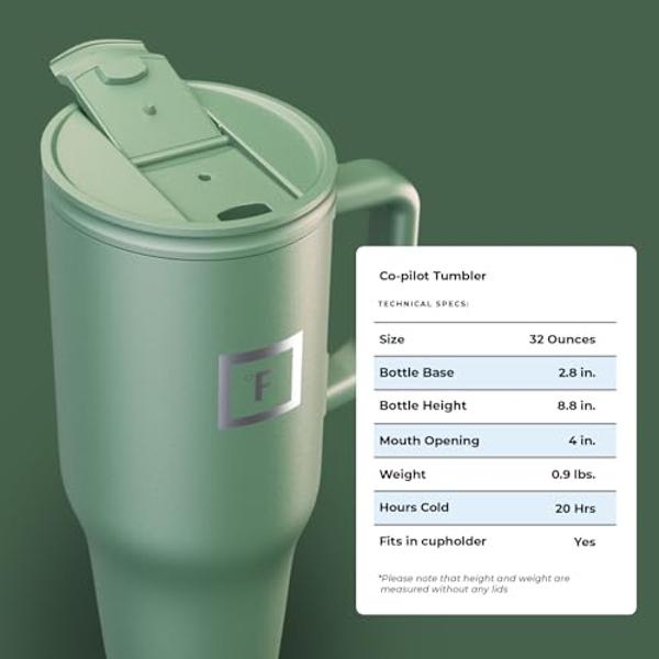 IRON °FLASK Co-Pilot Insulated Mug w/Straw & Flip Cap Lids - Cup Holder Bottle for Hot, Cold Drink - Leak-Proof - Water, Coffee Portable Travel Mug - Sage, 32 Oz