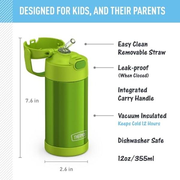 THERMOS FUNTAINER Water Bottle with Straw - 12 Ounce - Kids Stainless Steel Vacuum Insulated Water Bottle with Lid, Lime