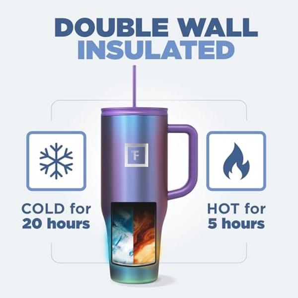 IRON FLASK Co-Pilot Insulated Mug w/Straw & Flip Cap Lids - Cup Holder Bottle for Hot, Cold Drink - Leak-Proof - Water, Coffee Portable Travel Mug - Pink Tulip, 40 Oz