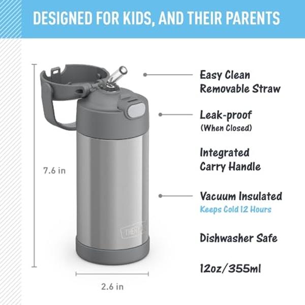 THERMOS FUNTAINER Water Bottle with Straw - 12 Ounce - Kids Stainless Steel Vacuum Insulated Water Bottle with Lid, Grey
