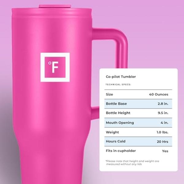 IRON FLASK Co-Pilot Insulated Mug w/Straw & Flip Cap Lids - Cup Holder Bottle for Hot, Cold Drink - Leak-Proof - Water, Coffee Portable Travel Mug - Pink Tulip, 40 Oz