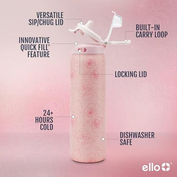 Ello Pop & Fill 22oz Stainless Steel Water Bottle with Quick Fill Technology, Double Walled and Vacuum Insulated Metal, Leak Proof Locking Lid, Sip and Chug, Reusable, BPA Free, Ro
