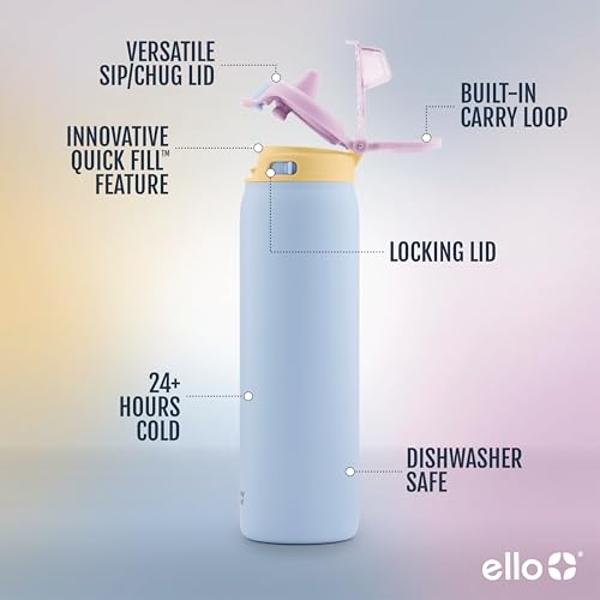 Ello Pop & Fill 22oz Stainless Steel Water Bottle with Quick Fill Technology, Double Walled and Vacuum Insulated Metal, Leak Proof Locking Lid, Sip and Chug, Reusable, BPA Free, Pi