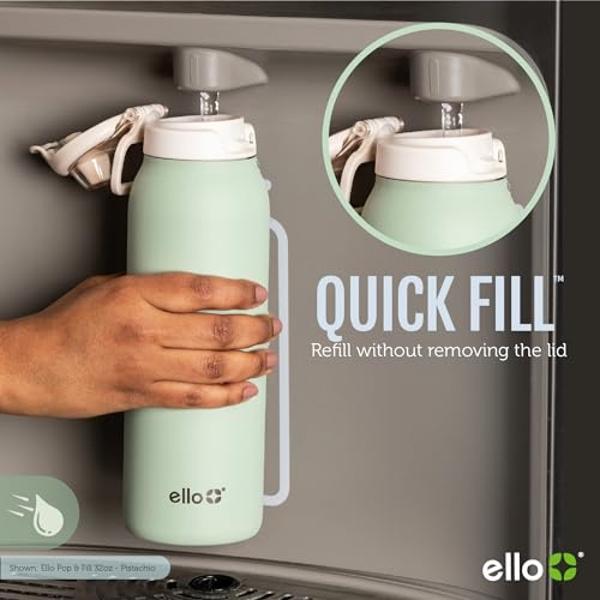 Ello Pop & Fill 40oz Stainless Steel Water Bottle with Quick Fill Technology, Double Walled and Vacuum Insulated Metal, Leak Proof Locking Lid, Sip and Chug, Reusable, BPA Free, Ro