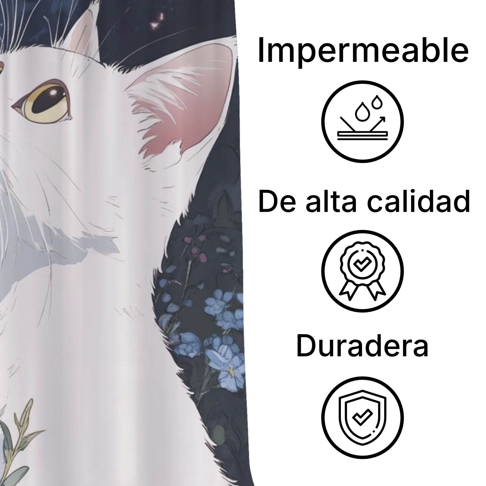 Cortina de Baño Impermeable Grande con Diseño de Gato Blanco para Regadera