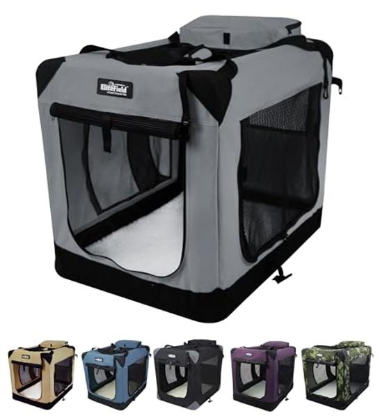 EliteField 3-Door Folding Soft Dog Crate with Carrying Bag and Fleece Bed (2 Year Warranty), Indoor & Outdoor Pet Home (36" L x 24" W x 28" H, Light Gray)