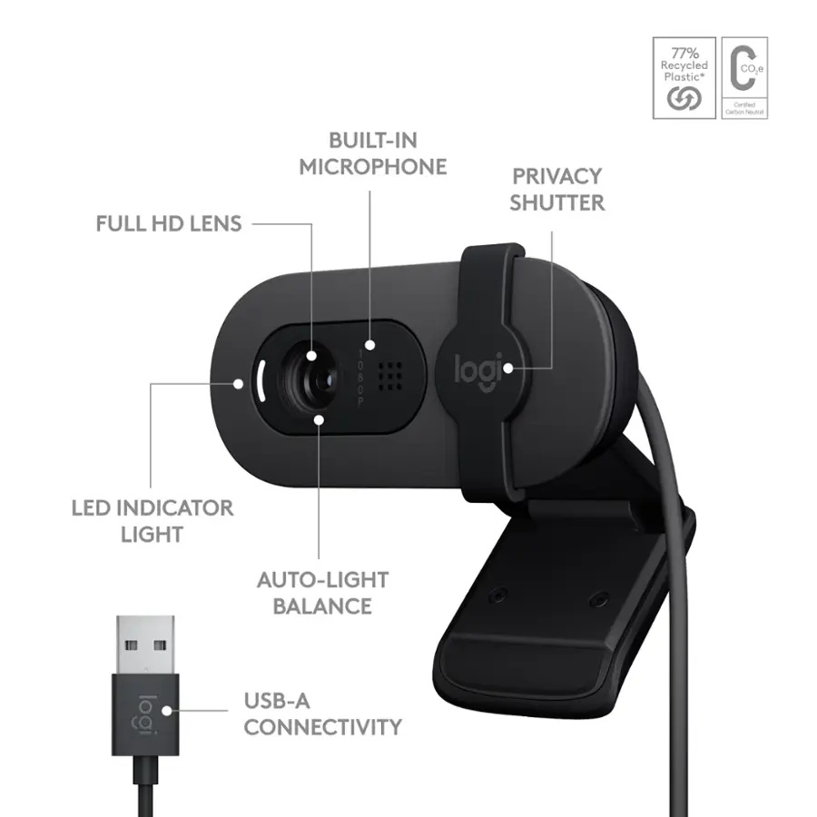 Cámara Web Logitech Brio 100 Fhd 2 Megapixeles Color Grafito