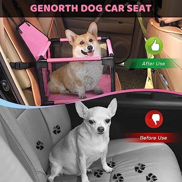 GENORTH Small Dog Car Seats for Small Dogs,Portable Puppy/Pet Car Booster Seat with Clip-On Leash and Mesh Window for Small Pet Up to 11 lbs