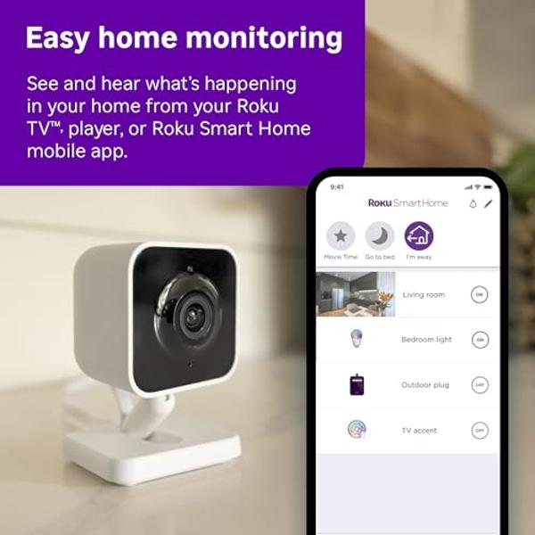 Roku New Indoor Camera 2024 - Home Security - 1-Pack - Wired Security Camera & Pet Monitor with 1080p HD Color Night Vision, Works with Alexa & Google, Motion & Sound Detection, WD