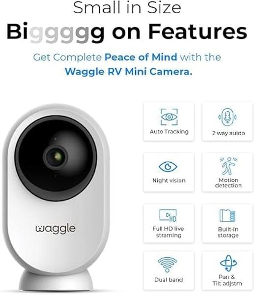 Waggle RV Mini Wi-Fi AI Pet Camera, 1080p HD, Pan & Tilt, Motion Alerts, 2-Way Audio, Night Vision, Pet Camera with App Control, Built-in SD Card (128GB)