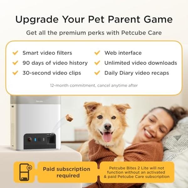 Petcube Bites 2 Lite and Care Coverage Subscription | Interactive WiFi Pet Monitoring Camera with Phone App and Treat Dispenser, 1080p HD Video, Night Vision, Sound and Motion Aler