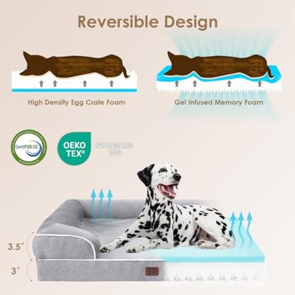 EHEYCIGA Orthopedic Dog Beds for Extra Large Dogs, Waterproof Memory Foam XL Pet Bed with Sides, Non-Slip and Egg-Crate Foam Big Dog Couch Bed with Washable Removable Cover, Grey