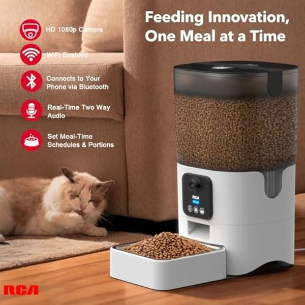 RCA Cat & Dog Pet Feeder with HD 1080p Camera, Real-Time Two-Way Audio, Monitoring, Motion Detection, Night Vision, Compatible with Alexa & Google Assistant - 6L Capacity, Dishwash