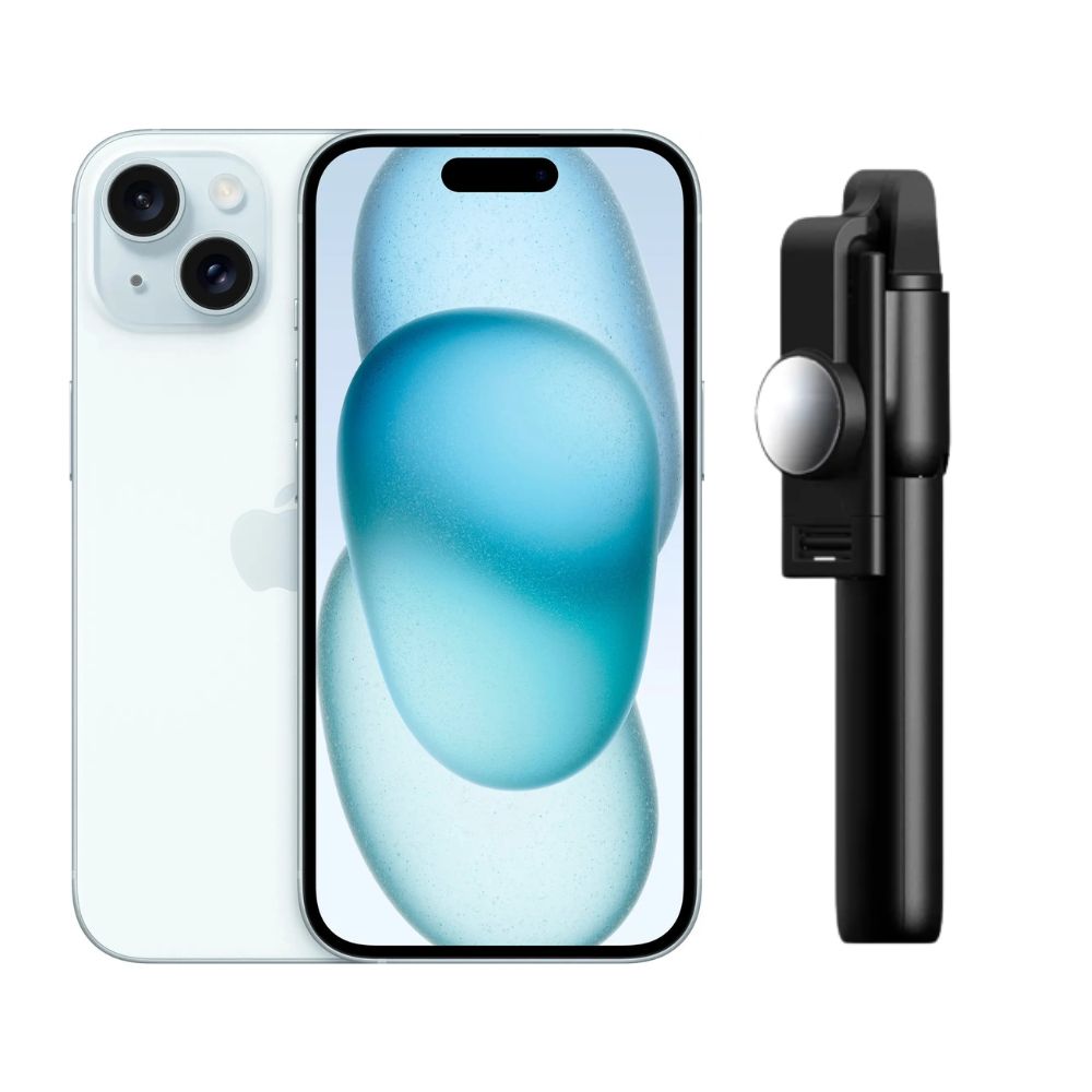 iPhone 15 128GB Azul CHIP Reacondicionado + Baston Bluetooth