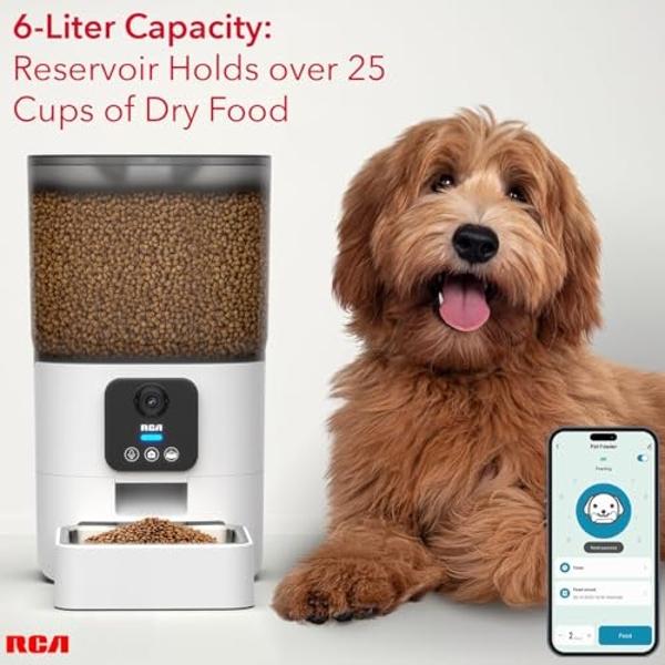 RCA Cat & Dog Pet Feeder with HD 1080p Camera, Real-Time Two-Way Audio, Monitoring, Motion Detection, Night Vision, Compatible with Alexa & Google Assistant - 6L Capacity, Dishwash