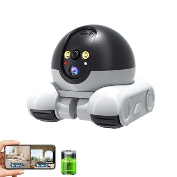 Movable 2MP+2MP Dual Lens Dual Screen Pet Robot 2.4 GHz WiFi Smart Home Security Camera P 360°/T 90° Rotation Monitoring Phone App 2 Way Audio Motion Detection Alerts Night Vision 